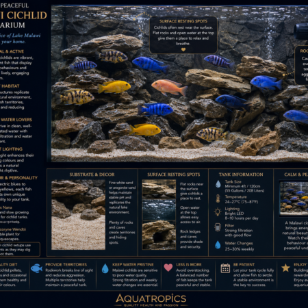 Peaceful Malawi cichlid aquarium care guide showing tank size, temperature, filtration, rocky habitat, diet and water changes.