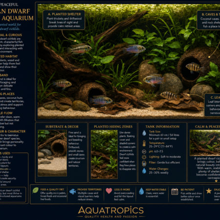 African Dwarf Cichlid aquarium care guide with planted tank setup, caves, soft sand and care information5086c327d8a7