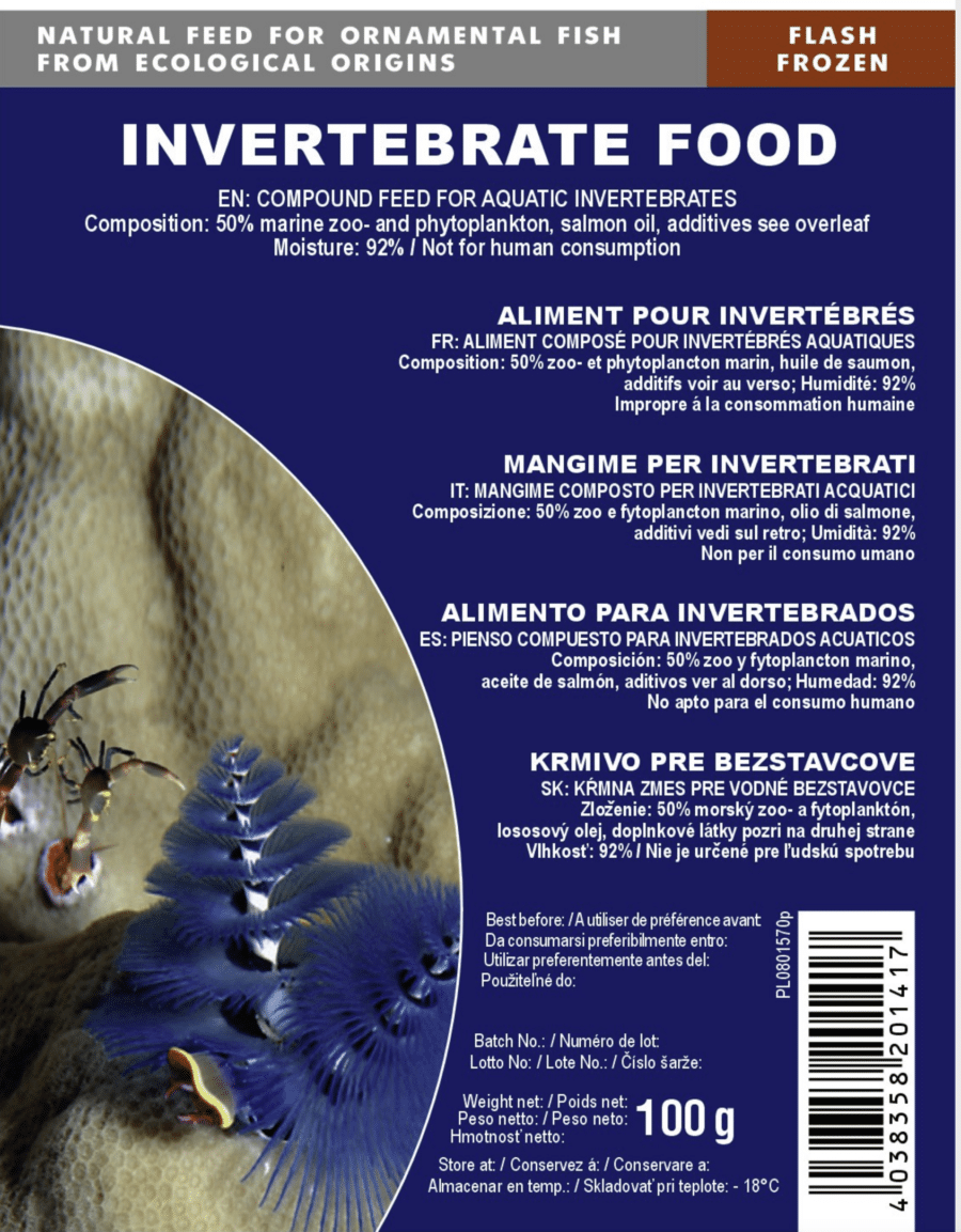 Invertebrate Food Blister contains 100 g of flash-frozen 4 g cubes with 50 % marine zoo- & phytoplankton and salmon oil (92 % moisture). Perfect natural feed for aquatic invertebrates like shrimps, crabs, and